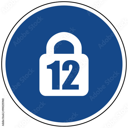 Vektor Illustration Jugendschutz und Kindersicherung blaues rundes Symbol Schloss mit Zahl 12 für Altersbeschränkung und Zugangskontrolle