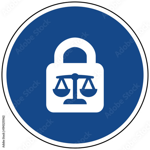 Vektor Grafik Rechtsschutz und Sicherheit blaues rundes Icon mit Schloss und Waage für Justiz Gesetzgebung und juristische Beratung