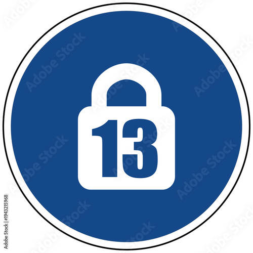 Vektor Illustration Jugendschutz und Kindersicherung blaues rundes Symbol Schloss mit Zahl 13 für Altersbeschränkung und Zugangskontrolle