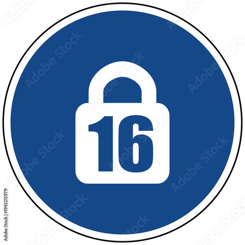 Vektor Illustration Jugendschutz und Kindersicherung blaues rundes Symbol Schloss mit Zahl 16 für Altersbeschränkung und Zugangskontrolle