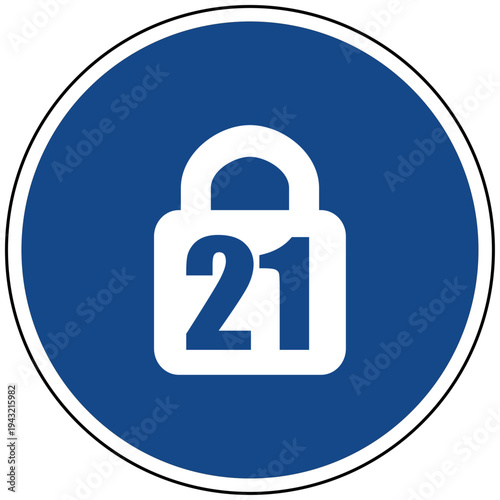 Vektor Illustration Jugendschutz und Kindersicherung blaues rundes Symbol Schloss mit Zahl 21 für Altersbeschränkung und Zugangskontrolle