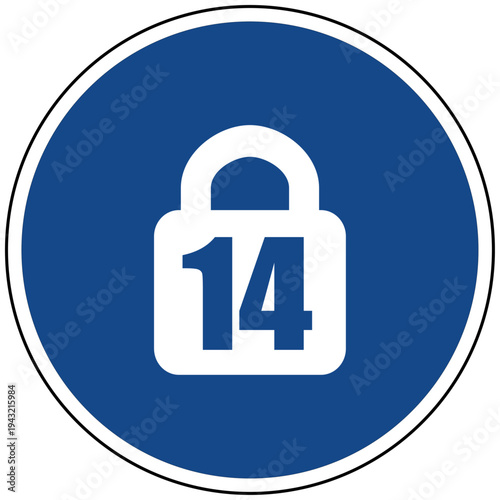 Vektor Illustration Jugendschutz und Kindersicherung blaues rundes Symbol Schloss mit Zahl 14 für Altersbeschränkung und Zugangskontrolle