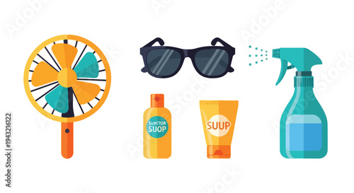 Flat lay of summer accessories and skincare products including a hand fan, sunglasses, sunscreen, and spray bottle on a white background.
