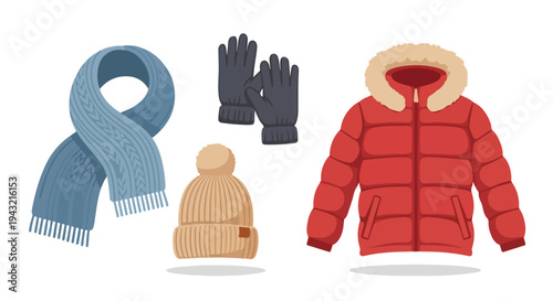 Flat lay of winter clothing items including a red puffer jacket, blue scarf, beige knit hat, and black gloves on a white background.