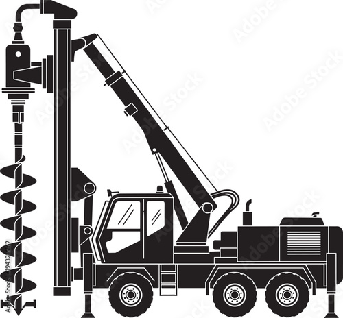 Black silhouette of truck-mounted auger drill rig, pile driver boring machine, foundation drilling equipment with crane arm and helical screw, construction vector illustration