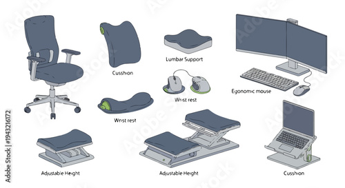 Infographic illustration of ergonomic office chair and computer workstation components with labels on a white background.