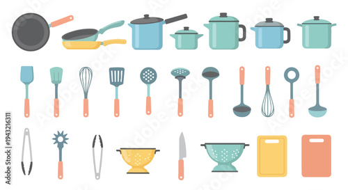 Flat lay illustration of various kitchen utensils and cookware on a white background with a colorful and organized composition.