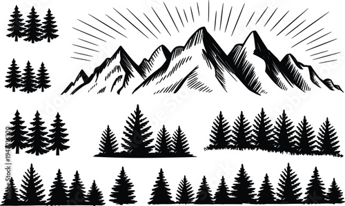 Hand drawn mountain range with pine forest silhouettes, vintage nature landscape elements, outdoor adventure travel vector set