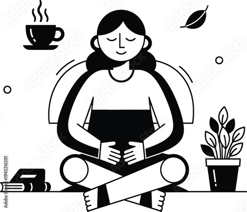Woman meditates peacefully with book and coffee nearby in a serene indoor setting wqe 764