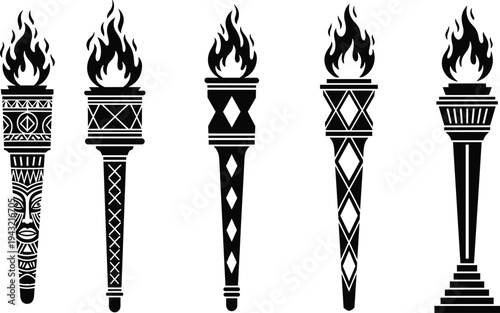 Ancient ceremonial tribal torch flame set with tiki mask patterns fire light symbol cad drawing flat vector illustration heritage culture.