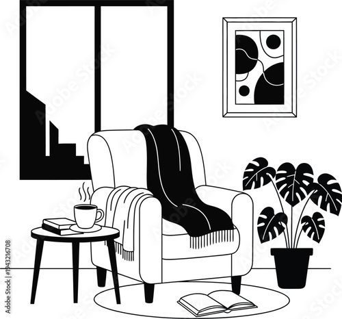 A cozy living room scene with a chair, coffee, and plants in a modern home interior setting wqe.