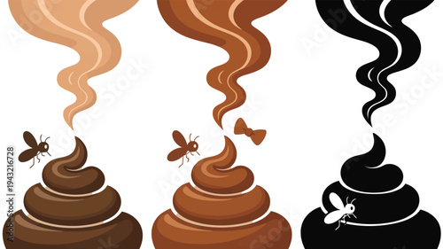 Cartoon illustration of three different piles of brown and black poop with flies, a bow, and odor swirls