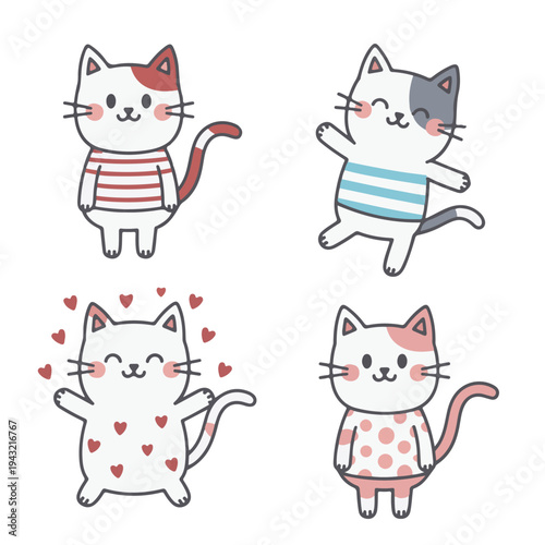 Four cheerful cartoon cats in playful outfits and patterns Keywords: cat, kitten, feline, animal, pet, cute, cartoon