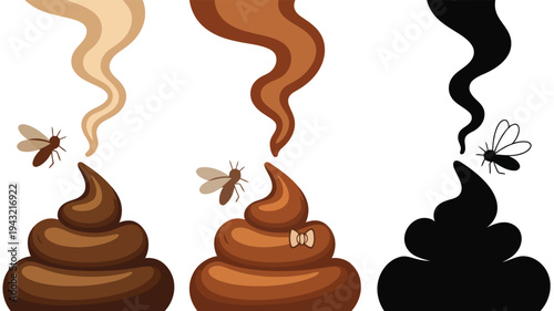 Cartoon illustration showing three piles of feces, two with flies and one with a small bow, emitting wavy odors
