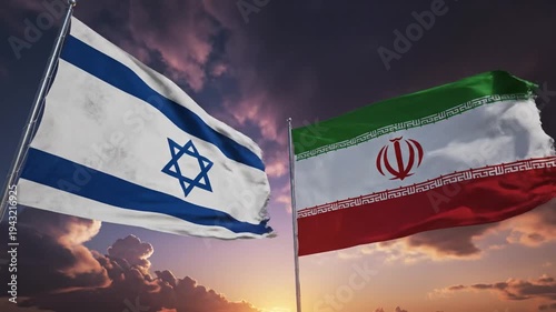 Flags of Israel and Iran waving against a dramatic sunset sky, symbolizing complex international relations.