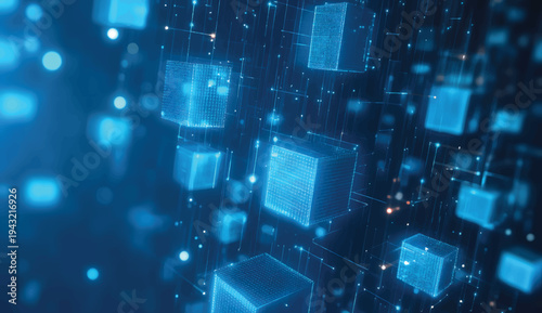 Blue background with digital blocks and glowing light effects