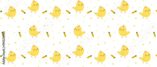 Cute seamless pattern of chicks with carrots and yellow dots, adorable little chick vector illustration on white background for nursery decor, Easter design and children's fabric
