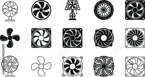 Electric fan collection with cooling blower icons computer hardware ventilation equipment and table fan silhouettes cad drawing flat vector illustration