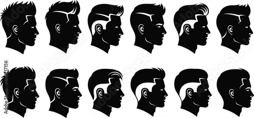 Modern Men Hairstyle Silhouettes Set Featuring Trendy Barber Shop Haircuts and Profile Head Shapes Isolated on White Background for Male Grooming Fashion Design