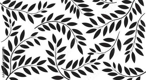 Black silhouette seamless leaf branch pattern, delicate foliage vines with leaves, vector illustration for nature textile wallpaper background and decorative design