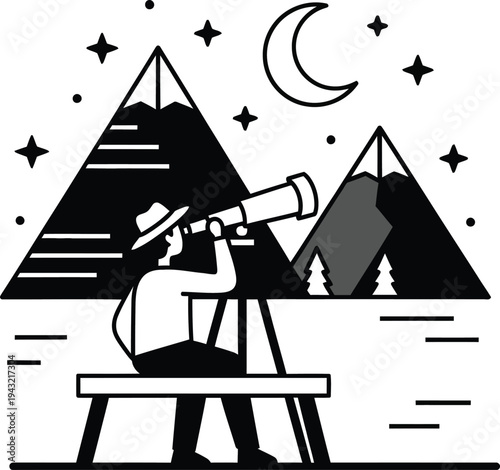 Astronomer gazes through telescope at night sky with mountains and stars wqe (777)