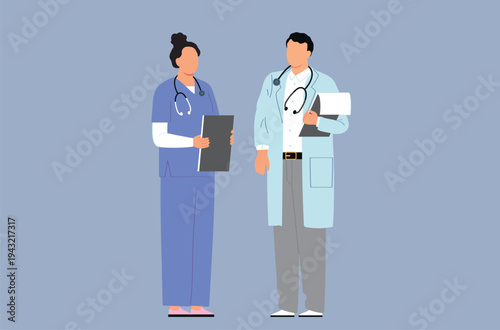 Medical doctors professional team vector illustration, male and female physicians in white lab coats for healthcare and clinic themes.