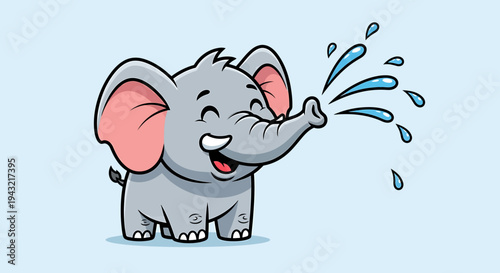 A cartoon elephant spraying water playfully outside.