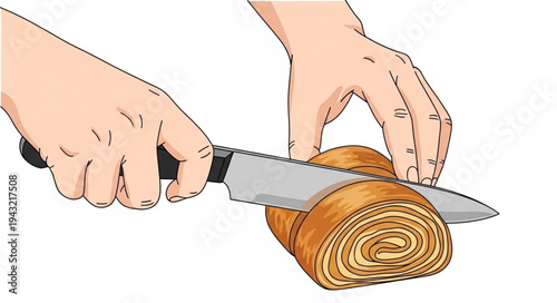 Hands Slicing Rolled Pastry With Knife.