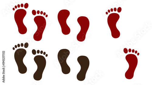 Barefoot human footprints collection vector illustration, red and black footprints for tracking, walking, and wellness concepts.