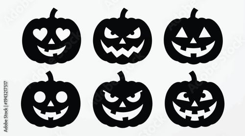 Six black stylized pumpkins with various carved faces for halloween decorations and symbols