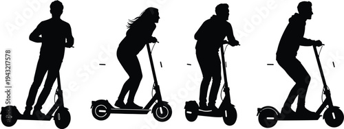 People riding electric scooters silhouette set urban transport eco friendly commute cad drawing flat vector illustration city mobility modern lifestyle.