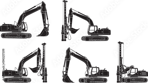 Black silhouette set of crawler excavators modified as pile drivers with vertical masts, augers and drilling attachments in various configurations vector collection