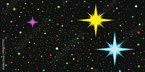 A pixelated representation of a starry night sky with colorful twinkling stars and bright constellations.