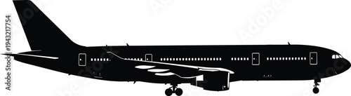 Black silhouette of commercial passenger airplane with extended landing gear, wings, engines, and fuselage details, symbolizing aviation, travel, transportation, flight industry, tourism, and global c