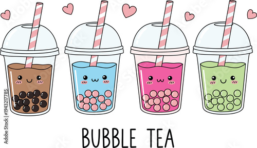 Cute Bubble Tea Cartoon Illustration with Kawaii Boba Drinks Milk Tea Cups and Sweet Dessert Vector