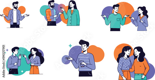 Set of Modern Flat Vector Illustrations Featuring Diverse People Talking, Gesturing, and Communicating with Colorful Abstract Background Shapes