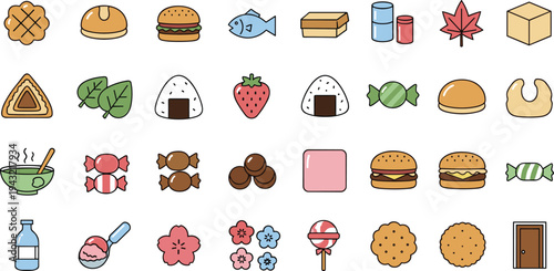 Colorful fast food and snack vector icon set including burgers cookies candy ice cream and japanese onigiri for restaurant menu design