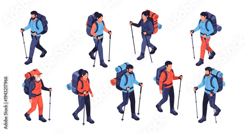Hikers with Backpacks Walking Illustration.