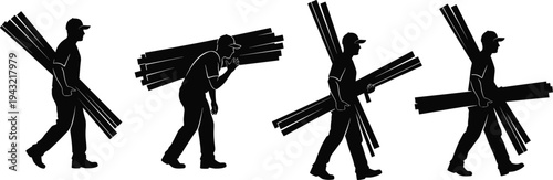 Professional construction worker silhouette carrying wooden planks timber lumber on shoul