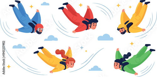 Skydiving people collection with wingsuit flyers falling through sky extreme sport adventure vector illustration set