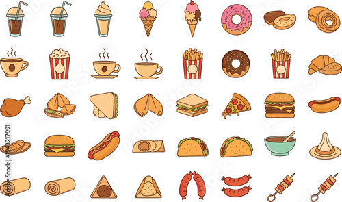 Fast food vector icon set containing burgers pizza hot dogs tacos donuts ice cream and coffee for restaurant menu and takeout designFast food vector icon set containing burgers pizza hot 