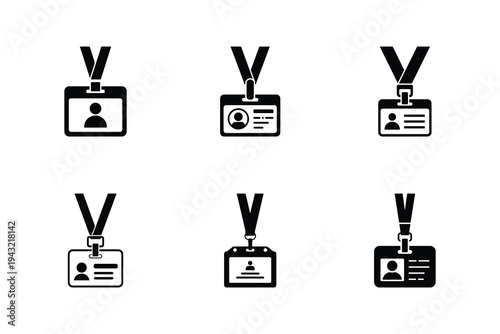 Black and white ID badge icons with lanyards silhouette set