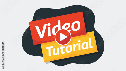 Colorful graphic display with video tutorial text and a clear play button emblem