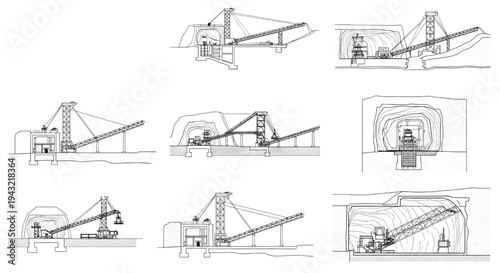 Coal Mine Blueprint Vector – Underground Mining Facility Multi View Technical Line Drawing Isolated on White