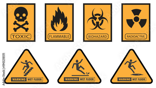 Danger, warning sign icon set. Poison, toxic, biohazard caution sign. Skull, chemical danger yellow triangle symbol element. Vector illustration
