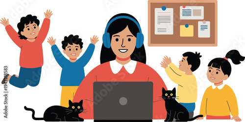 Mother working from home with laptop and headphones, kids playing around, remote work and parenting lifestyle concept