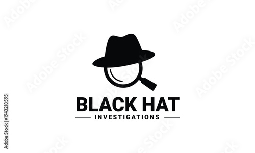Black hat investigations logo - detective fedora magnifying glass symbol