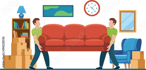Two movers carrying red sofa in living room during home relocation, boxes and furniture vector illustration scene indoors.eps