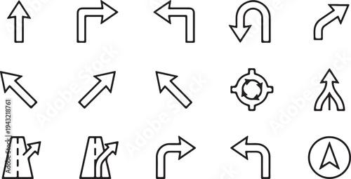 Collection of minimalist line art arrow and road direction icons