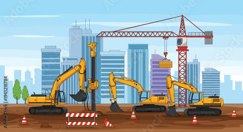 Construction site with excavators drilling machine and tower crane city building development flat vector illustration